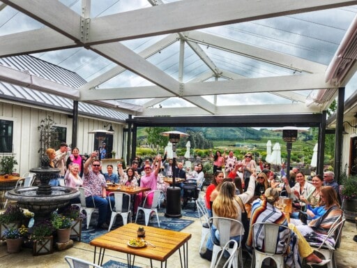 Courtyard filled with pink party revelers toasing